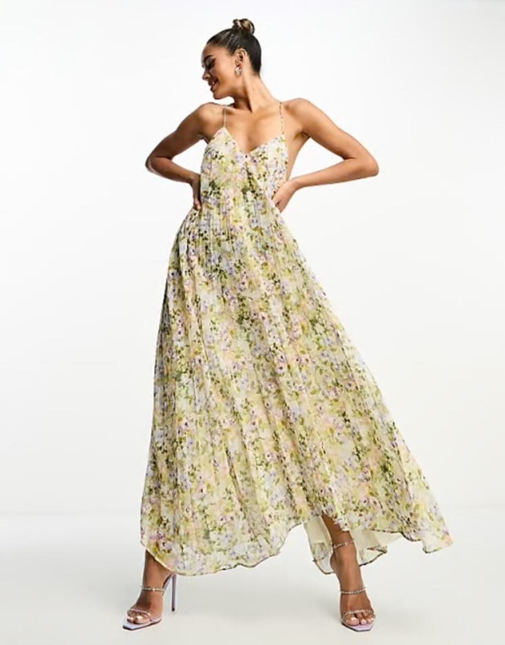 Mango Floral Print Premium Pleated Backless Maxi Dress Size S NWT